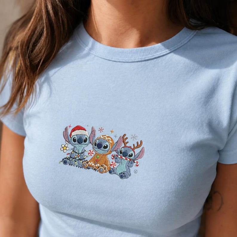 Stitch Christmas Baby Tee, Embroidered Disney Holiday Shirt, Christmas Stitch Gingerbread Reindeer Tee, Cute Disney Xmas Gift