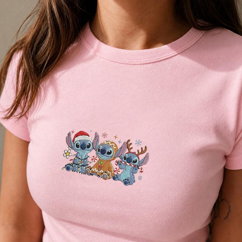 Stitch Christmas Baby Tee, Embroidered Disney Holiday Shirt, Christmas Stitch Gingerbread Reindeer Tee, Cute Disney Xmas Gift