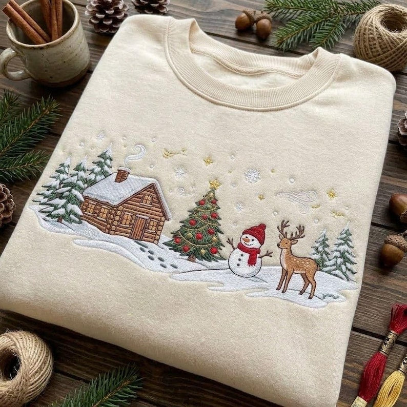 Pooh Tigger Piglet Eeyore Christmas Sweatshirt, Embroidered Holiday Crewneck, Hundred Acre Wood Winter Scene, Disney Christmas Gift