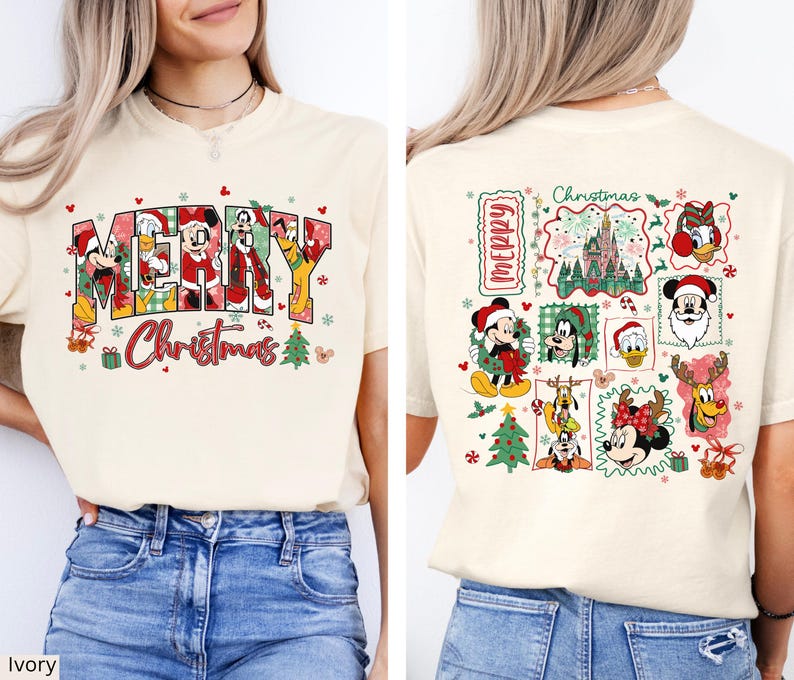 Disney Christmas Kids Shirt Comfort Colors® Mickey And Friends Holiday Tee, Christmas Mickey Donald Goofy Pluto Santa, Front And Back Xmas