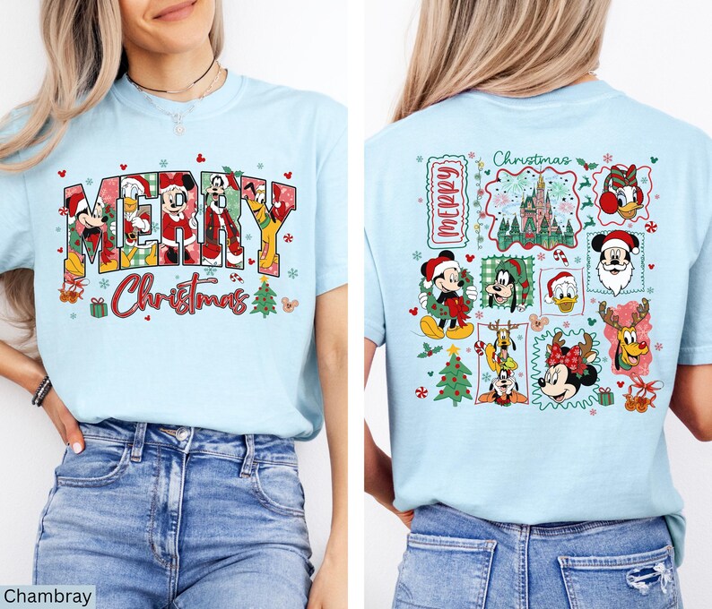 Disney Christmas Kids Shirt Comfort Colors® Mickey And Friends Holiday Tee, Christmas Mickey Donald Goofy Pluto Santa, Front And Back Xmas