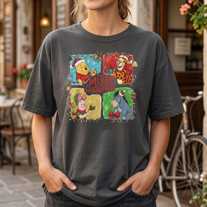 Winnie the Pooh Christmas Shirt, Comfort Colors Unisex Tee, Tigger Eeyore Piglet, Merry Christmas