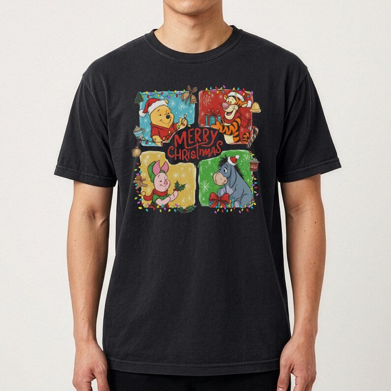 Winnie the Pooh Christmas Shirt, Comfort Colors Unisex Tee, Tigger Eeyore Piglet, Merry Christmas