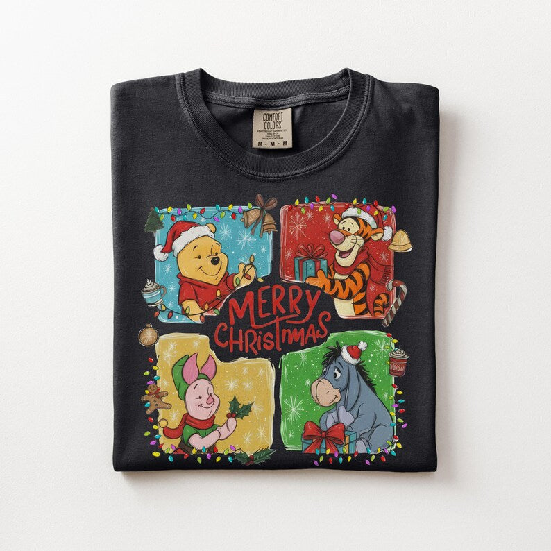 Winnie the Pooh Christmas Shirt, Comfort Colors Unisex Tee, Tigger Eeyore Piglet, Merry Christmas