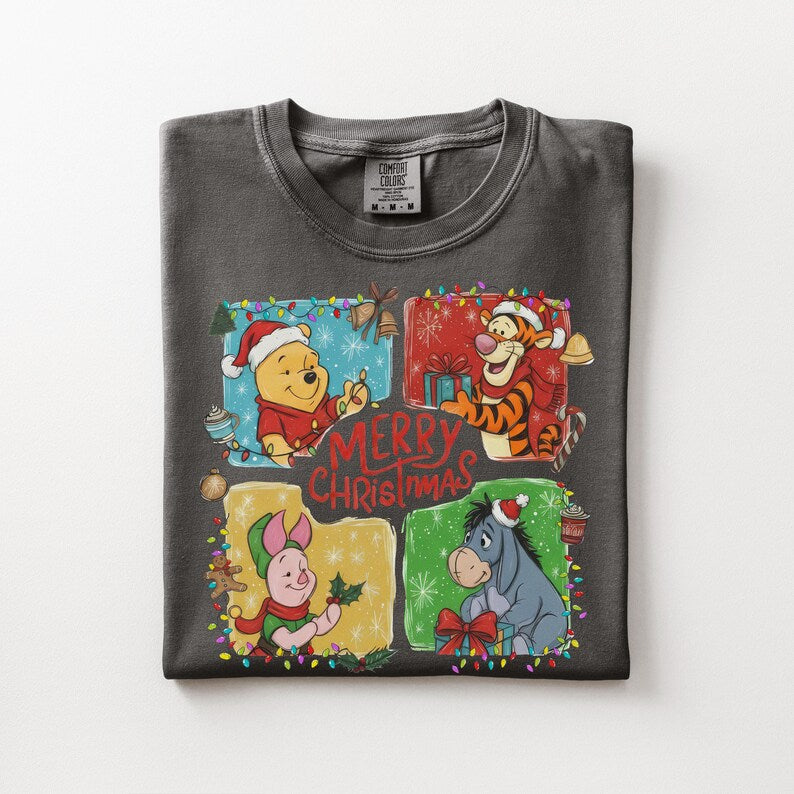 Winnie the Pooh Christmas Shirt, Comfort Colors Unisex Tee, Tigger Eeyore Piglet, Merry Christmas