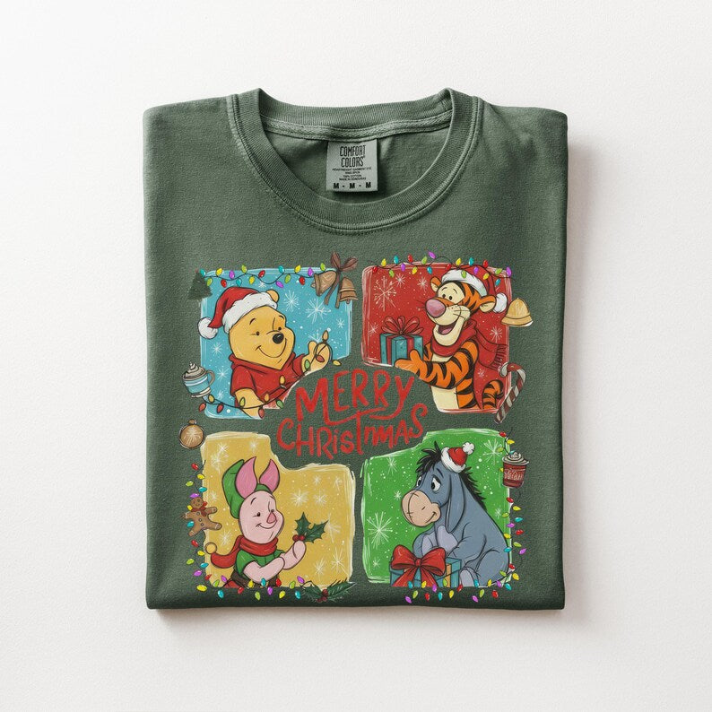 Winnie the Pooh Christmas Shirt, Comfort Colors Unisex Tee, Tigger Eeyore Piglet, Merry Christmas