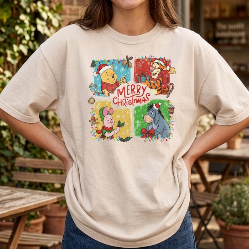 Winnie the Pooh Christmas Shirt, Comfort Colors Unisex Tee, Tigger Eeyore Piglet, Merry Christmas