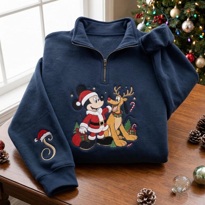 EMBROIDERED Mickey Mouse Pluto Christmas Sweatshirt, Disney Santa Mickey Reindeer Pluto Quarter Zip, Personalized Holiday Shirt, Xmas Gift