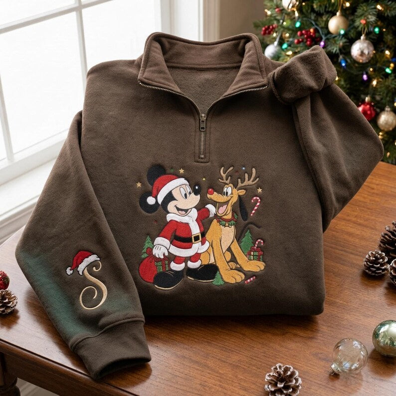 EMBROIDERED Mickey Mouse Pluto Christmas Sweatshirt, Disney Santa Mickey Reindeer Pluto Quarter Zip, Personalized Holiday Shirt, Xmas Gift