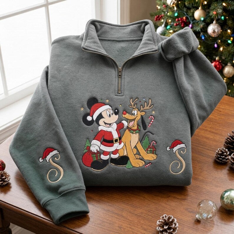 EMBROIDERED Mickey Mouse Pluto Christmas Sweatshirt, Disney Santa Mickey Reindeer Pluto Quarter Zip, Personalized Holiday Shirt, Xmas Gift