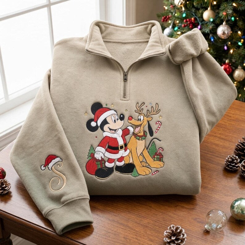 EMBROIDERED Mickey Mouse Pluto Christmas Sweatshirt, Disney Santa Mickey Reindeer Pluto Quarter Zip, Personalized Holiday Shirt, Xmas Gift