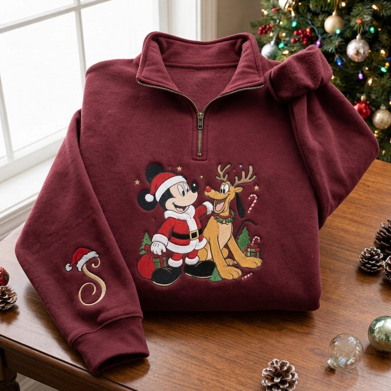 EMBROIDERED Mickey Mouse Pluto Christmas Sweatshirt, Disney Santa Mickey Reindeer Pluto Quarter Zip, Personalized Holiday Shirt, Xmas Gift