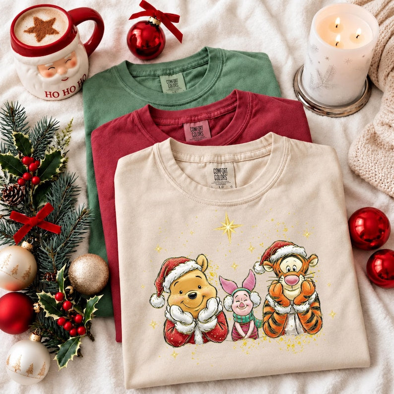 Winnie the Pooh Christmas Tee, Tigger Piglet Holiday Graphic Shirt (Comfort Colors)