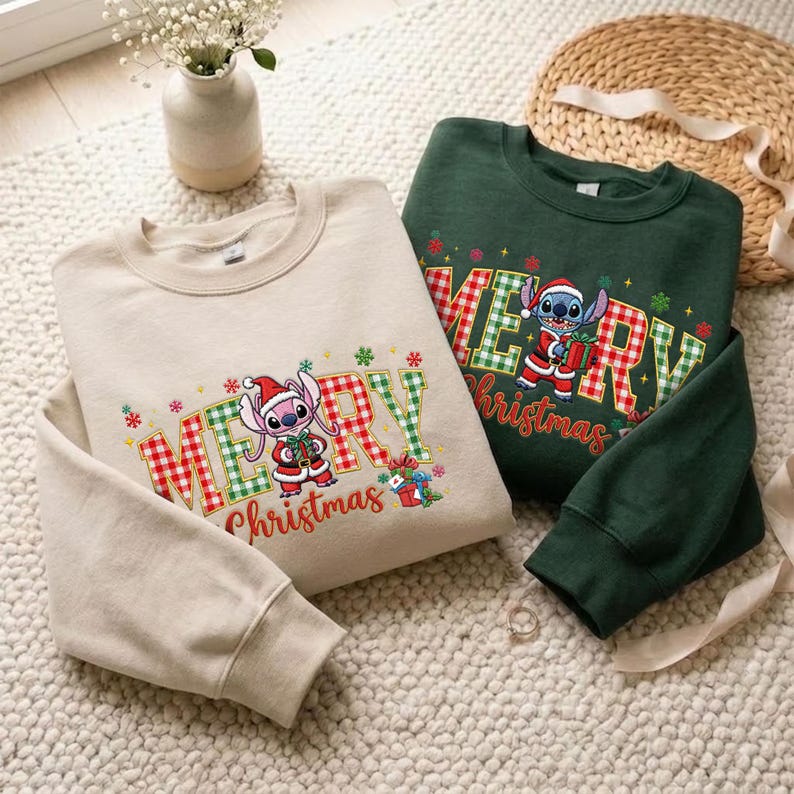 Embroidered Stitch Angel Sweatshirt, Disney Christmas Couple Shirts, Matching Disneyland Xmas Trip Hoodie, Newlywed Holiday Gift