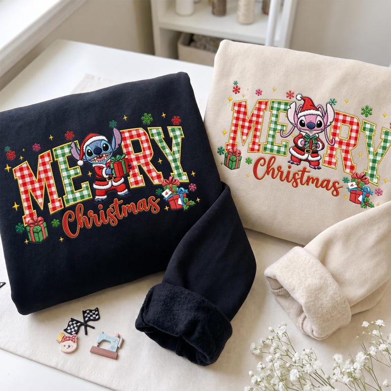 Embroidered Stitch Angel Sweatshirt, Disney Christmas Couple Shirts, Matching Disneyland Xmas Trip Hoodie, Newlywed Holiday Gift