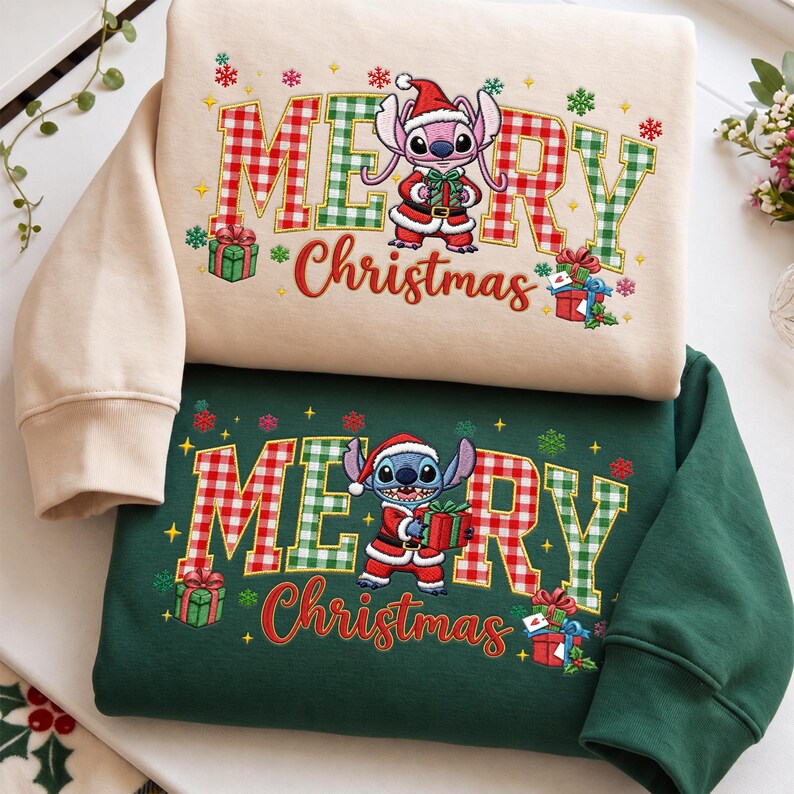 Embroidered Stitch Angel Sweatshirt, Disney Christmas Couple Shirts, Matching Disneyland Xmas Trip Hoodie, Newlywed Holiday Gift