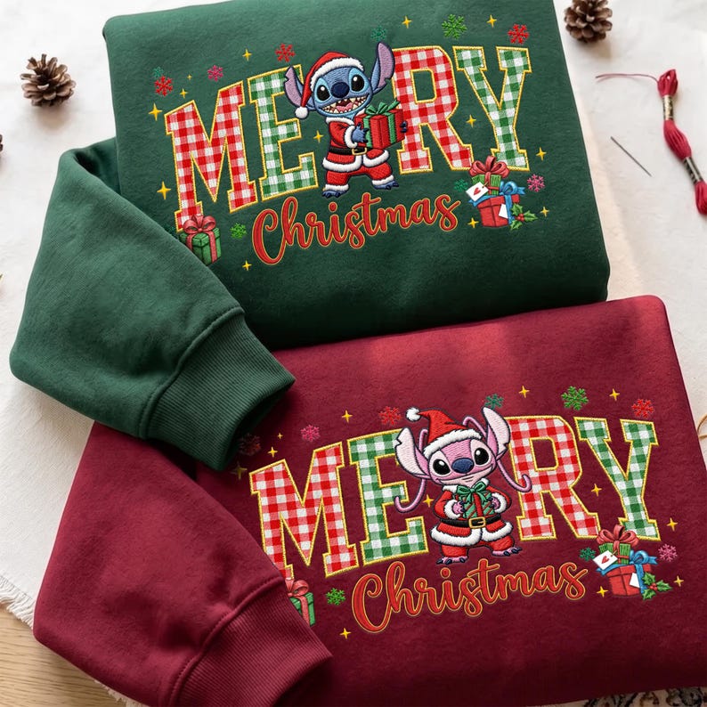 Embroidered Stitch Angel Sweatshirt, Disney Christmas Couple Shirts, Matching Disneyland Xmas Trip Hoodie, Newlywed Holiday Gift