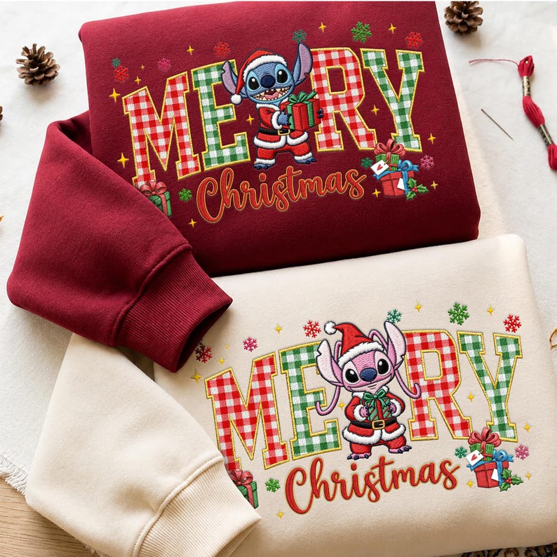 Embroidered Stitch Angel Sweatshirt, Disney Christmas Couple Shirts, Matching Disneyland Xmas Trip Hoodie, Newlywed Holiday Gift