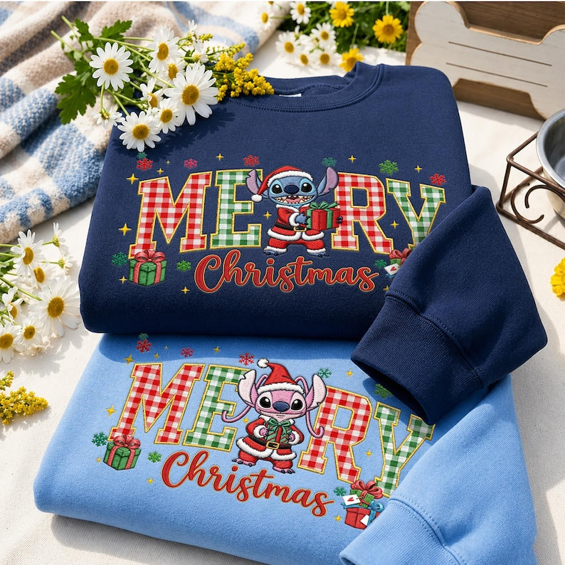 Embroidered Stitch Angel Sweatshirt, Disney Christmas Couple Shirts, Matching Disneyland Xmas Trip Hoodie, Newlywed Holiday Gift