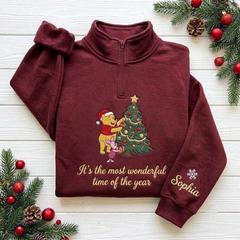 EMBROIDERED Winnie the Pooh Christmas Sweatshirt, Pooh and Piglet Christmas Tree Sweater, Disney Holiday Shirt, Festive Pooh Bear Shirt
