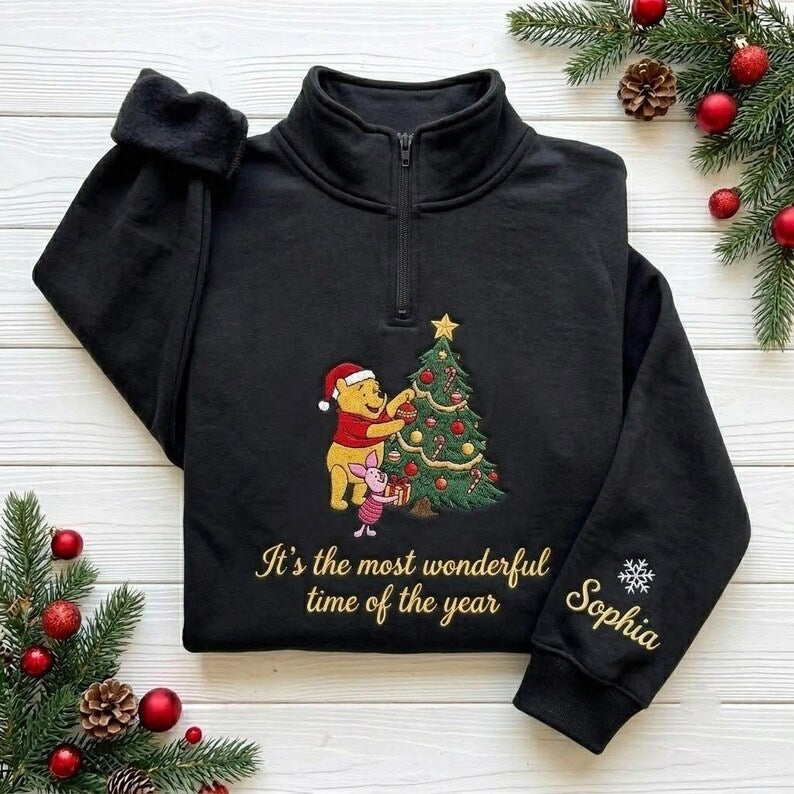 EMBROIDERED Winnie the Pooh Christmas Sweatshirt, Pooh and Piglet Christmas Tree Sweater, Disney Holiday Shirt, Festive Pooh Bear Shirt