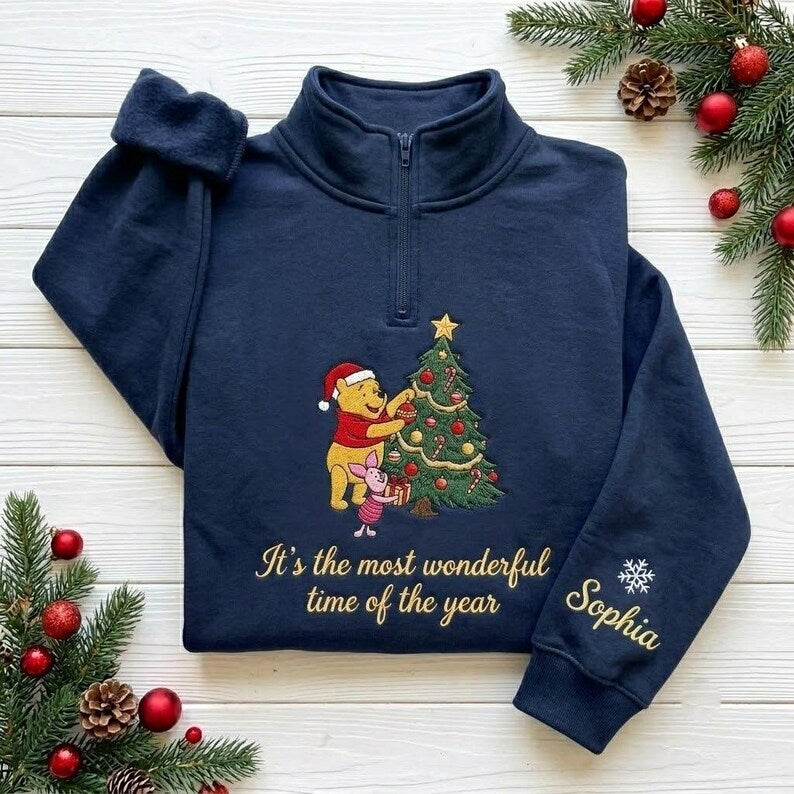 EMBROIDERED Winnie the Pooh Christmas Sweatshirt, Pooh and Piglet Christmas Tree Sweater, Disney Holiday Shirt, Festive Pooh Bear Shirt