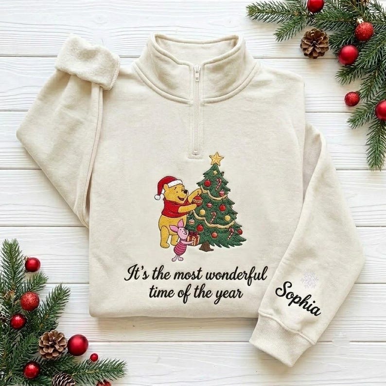 EMBROIDERED Winnie the Pooh Christmas Sweatshirt, Pooh and Piglet Christmas Tree Sweater, Disney Holiday Shirt, Festive Pooh Bear Shirt