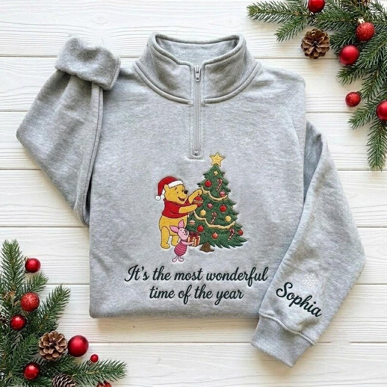 EMBROIDERED Winnie the Pooh Christmas Sweatshirt, Pooh and Piglet Christmas Tree Sweater, Disney Holiday Shirt, Festive Pooh Bear Shirt