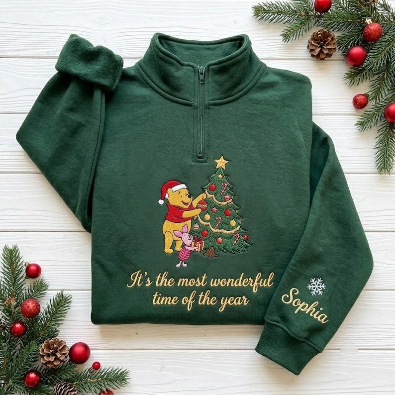 EMBROIDERED Winnie the Pooh Christmas Sweatshirt, Pooh and Piglet Christmas Tree Sweater, Disney Holiday Shirt, Festive Pooh Bear Shirt