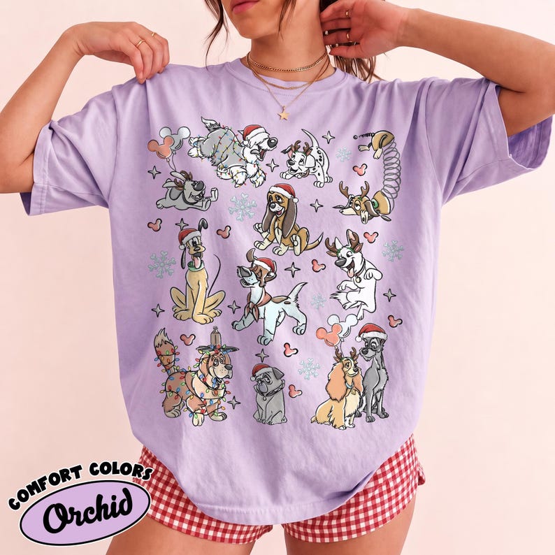 Disney Dogs Christmas Shirt, Comfort Colors Holiday Tee, Pluto, Lady and the Tramp, Dalmatian Puppy Shirt, Christmas Gift for Dog Lovers
