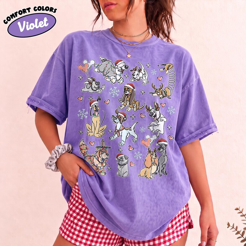 Disney Dogs Christmas Shirt, Comfort Colors Holiday Tee, Pluto, Lady and the Tramp, Dalmatian Puppy Shirt, Christmas Gift for Dog Lovers