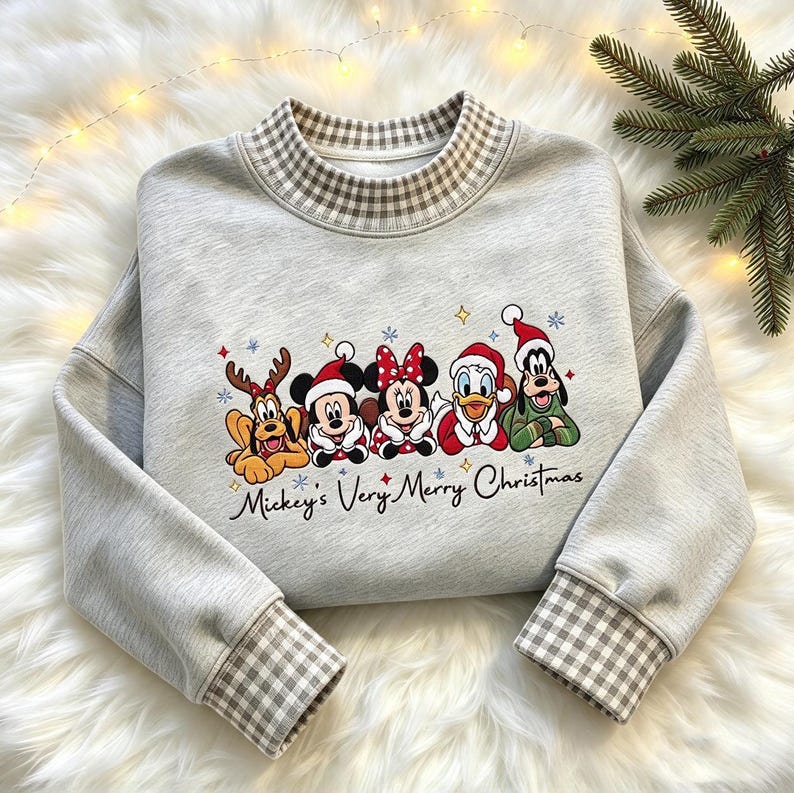 Disney Mickey's Very Merry Christmas Embroidered Sweatshirt, Mickey Minnie Pluto Donald Goofy Gingham Mock Neck Crewneck, Family Xmas Trip