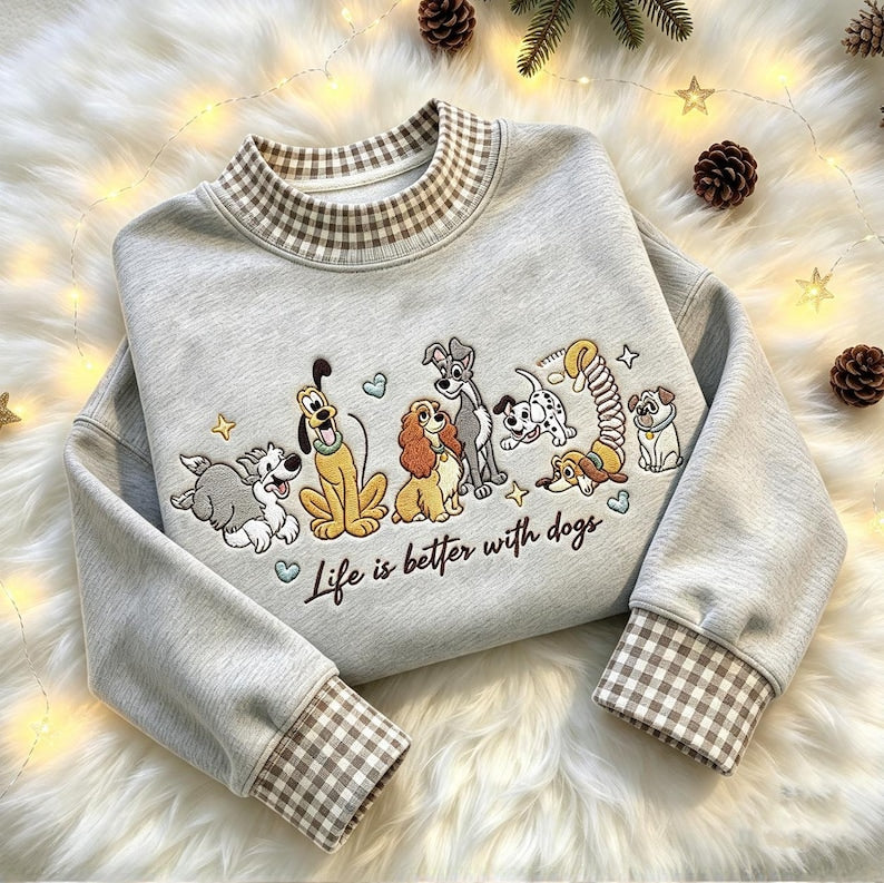 Disney Dogs Life Is Better With Dogs Embroidered Sweatshirt, Pluto Lady and Tramp Gingham Mock Neck Crewneck, Dog Mom Gift