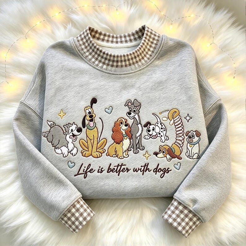 Disney Dogs Life Is Better With Dogs Embroidered Sweatshirt, Pluto Lady and Tramp Gingham Mock Neck Crewneck, Dog Mom Gift