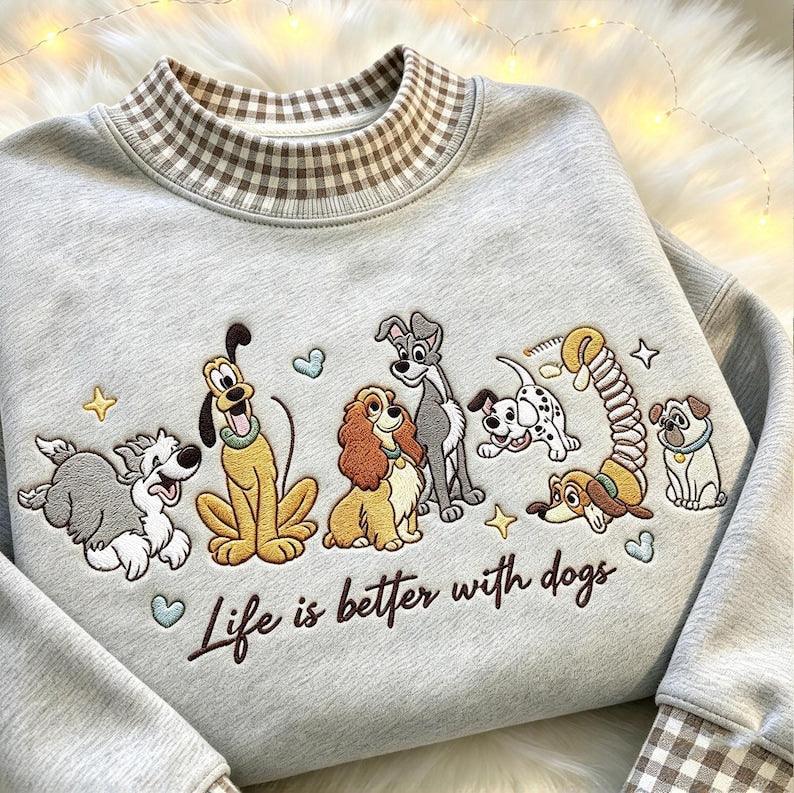 Disney Dogs Life Is Better With Dogs Embroidered Sweatshirt, Pluto Lady and Tramp Gingham Mock Neck Crewneck, Dog Mom Gift