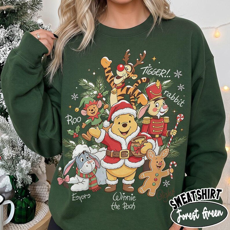 Vintage Winnie the Pooh Christmas Comfort Colors Shirt, Pooh and Friends Signature Holiday Tee, Retro Disney Family Matching Xmas Sweatshirt