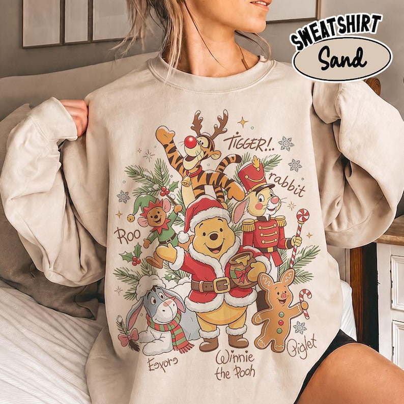 Vintage Winnie the Pooh Christmas Comfort Colors Shirt, Pooh and Friends Signature Holiday Tee, Retro Disney Family Matching Xmas Sweatshirt