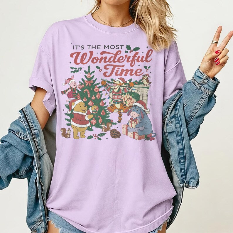 Retro The Most Wonderful Time Pooh Friends Shirt, Winnie the Pooh Christmas Tee, Tigger Eeyore Piglet Santa Hat Holiday Top, Disney Xmas Tee