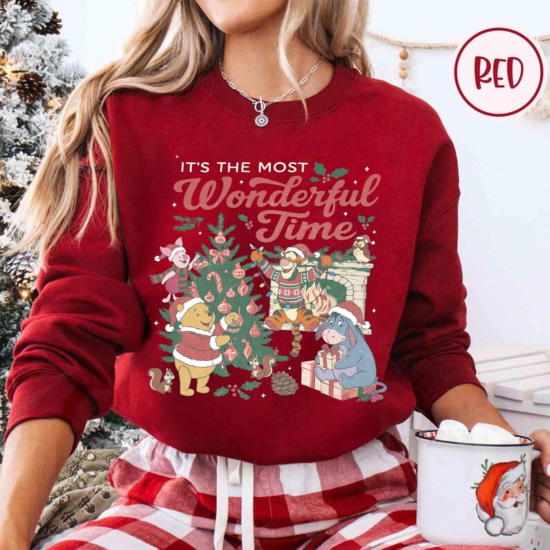 Retro The Most Wonderful Time Pooh Friends Shirt, Winnie the Pooh Christmas Tee, Tigger Eeyore Piglet Santa Hat Holiday Top, Disney Xmas Tee
