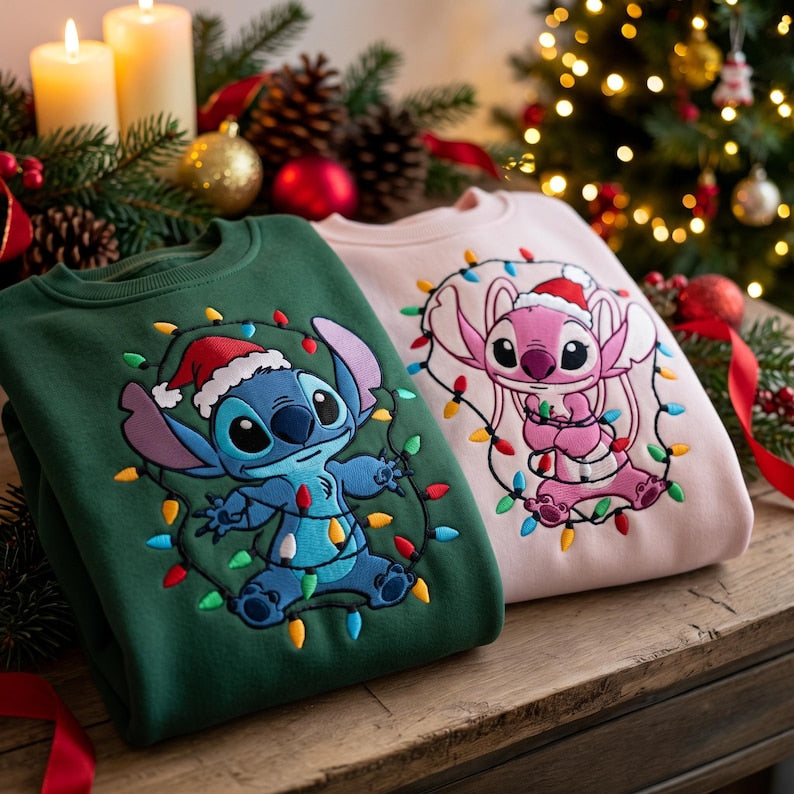 Embroidered Stitch and Angel Christmas Sweatshirt, Disney Christmas Lights Shirt, Disney Santa Couple Hoodie, Disneyland Holiday Outfit
