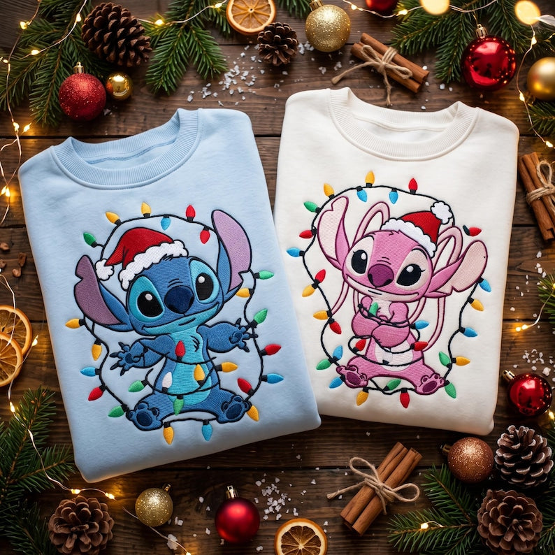 Embroidered Stitch and Angel Christmas Sweatshirt, Disney Christmas Lights Shirt, Disney Santa Couple Hoodie, Disneyland Holiday Outfit