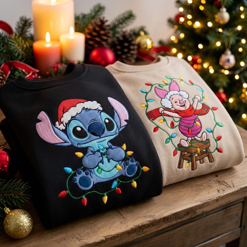 Embroidered Stitch and Piglet Christmas Sweatshirt, Disney Christmas Lights Shirt, Disney Santa Stitch Hoodie, Disneyland Holiday Outfit