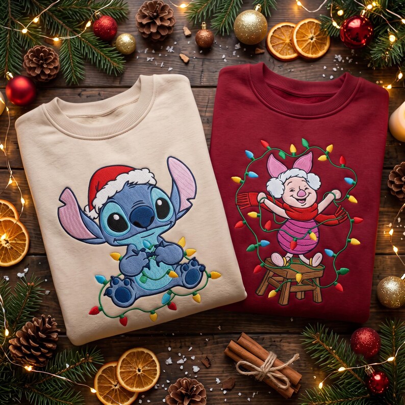 Embroidered Stitch and Piglet Christmas Sweatshirt, Disney Christmas Lights Shirt, Disney Santa Stitch Hoodie, Disneyland Holiday Outfit