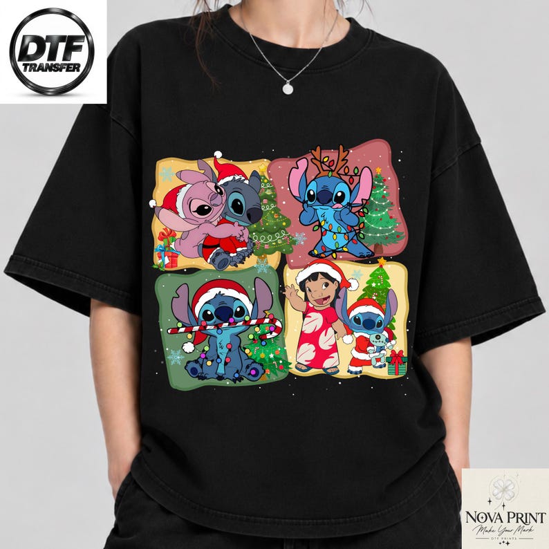 Disney Stitch Christmas DTF Transfer, Lilo Angel Xmas Heat Transfer, Ready to Press Holiday Shirt Print