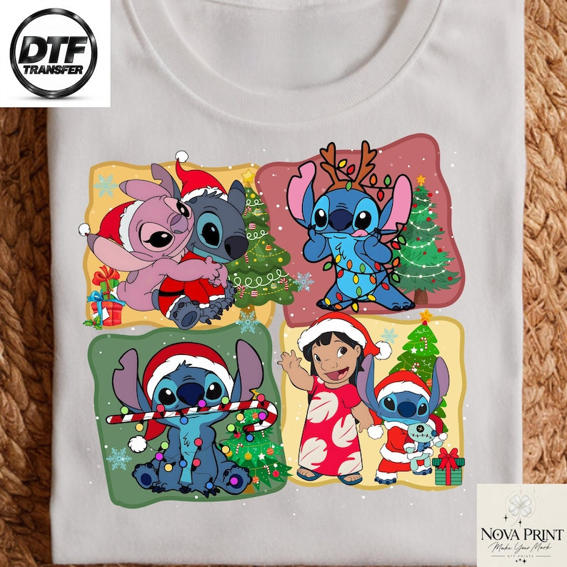 Disney Stitch Christmas DTF Transfer, Lilo Angel Xmas Heat Transfer, Ready to Press Holiday Shirt Print