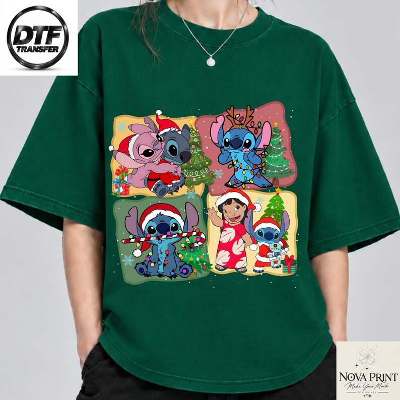 Disney Stitch Christmas DTF Transfer, Lilo Angel Xmas Heat Transfer, Ready to Press Holiday Shirt Print