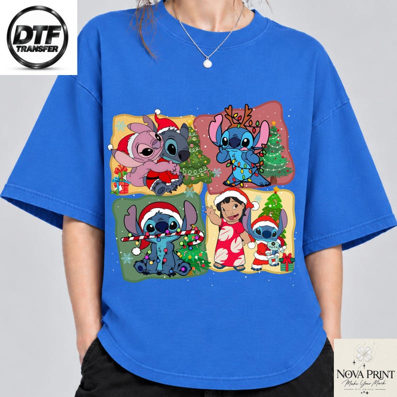 Disney Stitch Christmas DTF Transfer, Lilo Angel Xmas Heat Transfer, Ready to Press Holiday Shirt Print