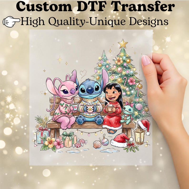 Lilo and Stitch Christmas DTF Transfer, Lilo, Stitch and Angel in Sweaters with Gifts Ready to Press, Girly Xmas Disney Heat Transfer