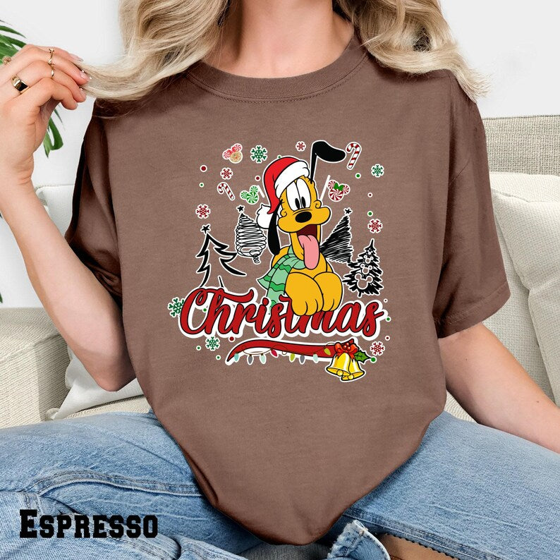 Pluto Christmas Comfort Colors T-Shirt, Holiday Dog Graphic Tee, Festive Cartoon Character Shirt