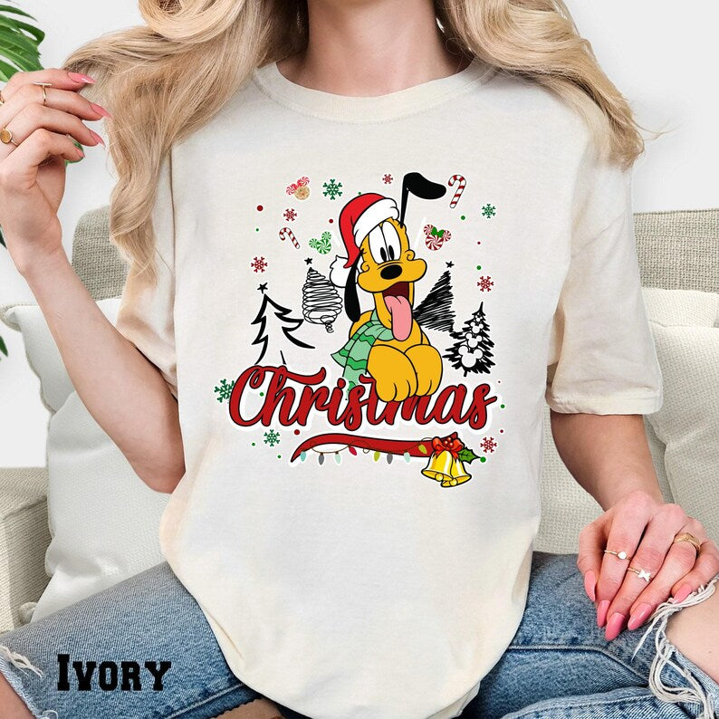 Pluto Christmas Comfort Colors T-Shirt, Holiday Dog Graphic Tee, Festive Cartoon Character Shirt